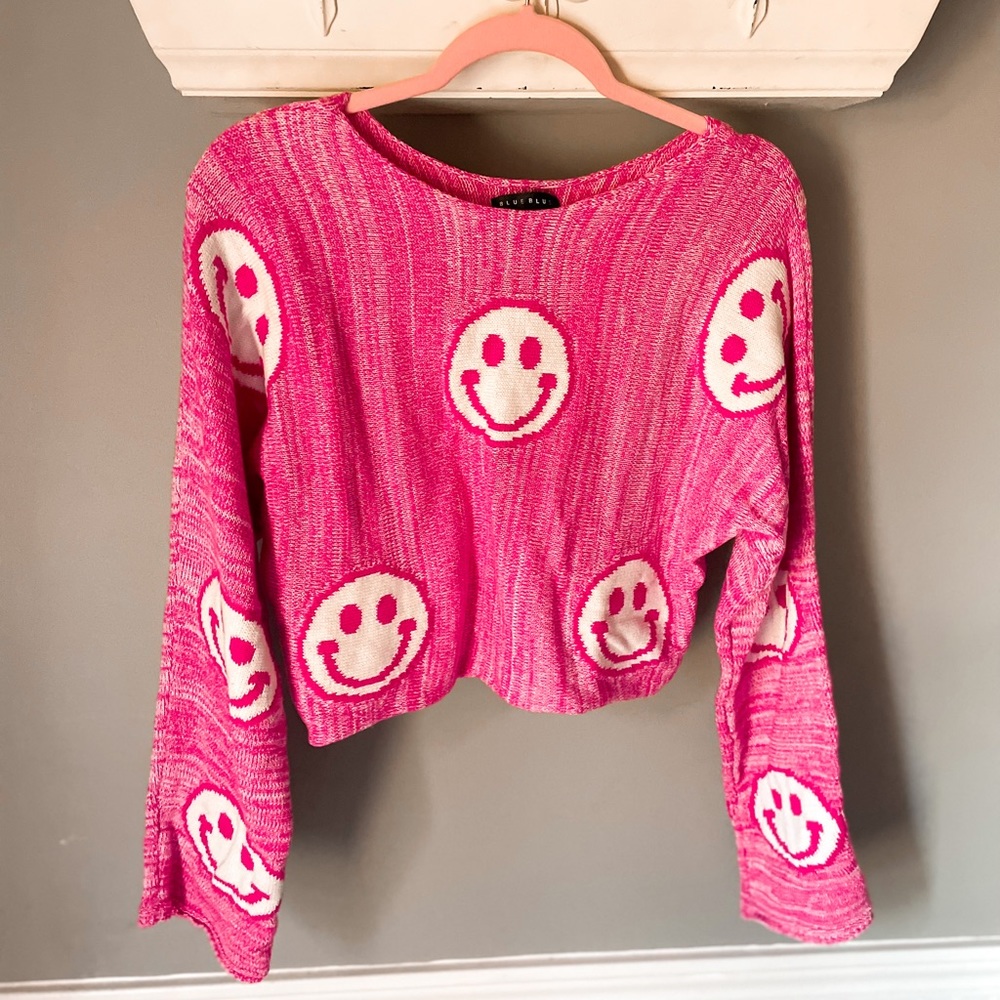 Blue Blush Pink Smiley Sweater